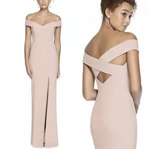 Dessy Off-The-Shoulder Criss Cross Back Trumpet Bridesmaid Gown in Blush Pink